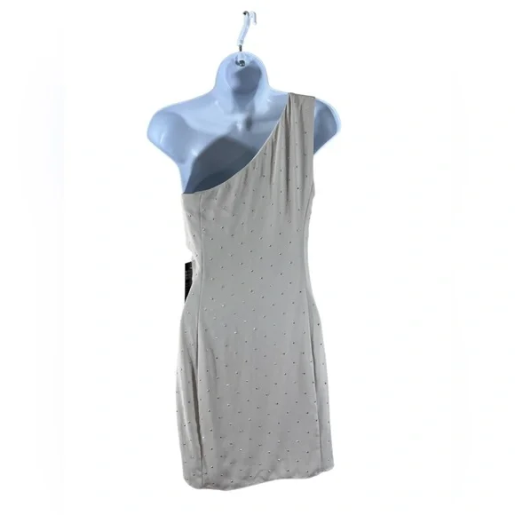 NWT‎ Express Spaghetti Strap Rhinestone One Shoulder Beige Bodycon Dress Size 0 - Picture 5 of 9